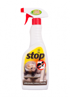 STOP KUNÁM - pachový odpuzovač kun 500 ml.  (STOP kunám je přírodní přípravek vhodný pro použití jak interiéru, tak v exteriéru.  Účinkuje jako neviditelný plot v místech, kde je přítomnost kun nežádoucí.  Působí jako pachový ohradník a udržuje zvíře v)