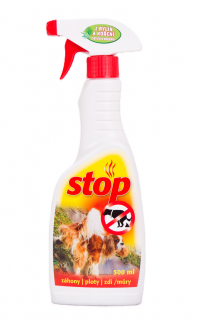 STOP PSŮM - pachový odpuzovač psů 500 ml. (STOP PSŮM je přírodní přípravek vhodný pro použití jak v interiéru, tak v exteriéru.  Účinkuje jako neviditelný plot v místech, kde nechceme, aby se psi pohybovali.  Okamžitý účinek - objem 500 ml.)