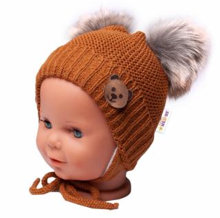 BABY NELLYS Zimní čepice s fleecem Teddy Bear - chlupáčk. bambulky - hnědá, šedá, vel. 56-68