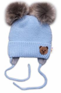 BABY NELLYS Zimní čepice s fleecem Teddy Bear - chlupáčk. bambulky - sv. modrá, šedá, vel. 56-68