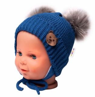 BABY NELLYS Zimní čepice s fleecem Teddy Bear - chlupáčk. bambulky - tm. modrá, šedá, vel. 56-68