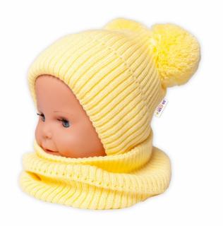 BABY NELLYS Zimní pletená čepice + nákrčník - žlutá s bambulkami, vel. 1,5-3 roky