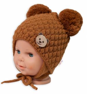 BABY NELLYS Zimní pletená čepice Teddy Bear na zavazování, hnědá, vel. 56-68