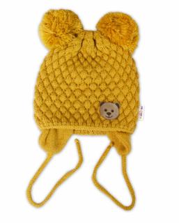 BABY NELLYS Zimní pletená čepice Teddy Bear na zavazování, hořčicová, vel. 56-68