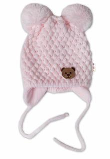 BABY NELLYS Zimní pletená čepice Teddy Bear na zavazování, růžová, vel. 56-68