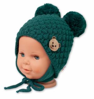 BABY NELLYS Zimní pletená čepice Teddy Bear na zavazování, zelená, vel. 56-68
