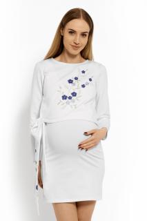 Be MaaMaa Elegantní těhotenské šaty, tunika s výšivkou a stuhou - bílé (kojící)