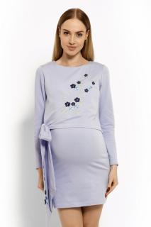 Be MaaMaa Elegantní těhotenské šaty, tunika s výšivkou a stuhou - sv. modrá (kojící)