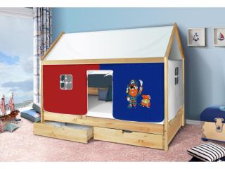 Dětská domečková postel Mike přírodní 200 x 90 cm s domečkem a stříškou PIRÁTI MODRROČERVENÁ
