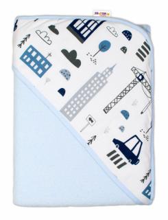Dětská osuška s kapucí Baby Nellys, Městečko - 100 x 100 cm - modrá/bílá