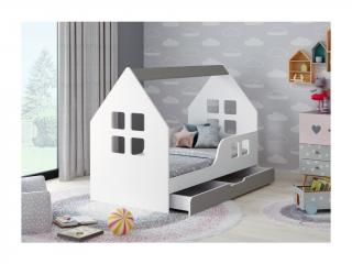 Dětská postel domeček - OKNA 1 s matrací ZDARMA - ŠEDÁ 160x80cm