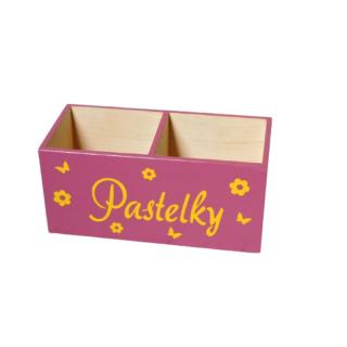 Dřevěný pastelkovník PASTELKY, KYTIČKY růžovo/fialový