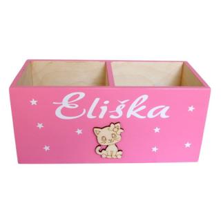 Dřevěný pastelkovník se jménem a kočičkou - růžový