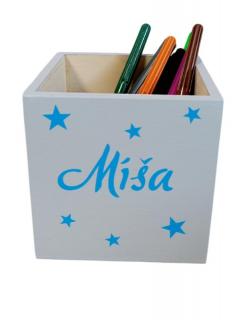 Organizér na pastelky jedna komora světle šedý/modré písmo