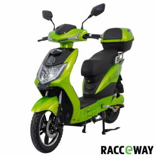 Elektroskútr RACCEWAY® E-FICHTL®, sv.zelený-metalický s baterií 12Ah (motor 250W, rychlost 25km/h, dojezd 40km, šlapací pedály, led osvětlení, olověná vyjímatelná baterie, dálkové ovládání s alarmem, kufr, nosič, nosnost 120kg)