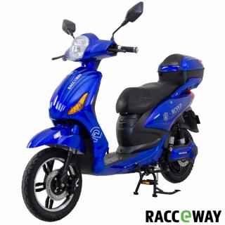 Elektroskútr RACCEWAY® E-MOPED, modrý-lesklý s baterií 20Ah (motor 250W, rychlost 25km/h, dojezd 60km, šlapací pedály, led osvětlení, olověná vyjímatelná baterie, dálkové ovládání s alarmem, kufr, nosič, nosnost 120kg)