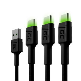 3ks kabel USB-C 120cm, zelené LED podsvícení, rychlé nabíjení Ultra Charge, QC 3.0