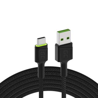Kabel USB-A - USB-C 200cm, zelené LED, Quick Charge 3.0, Ultra Charge rychlé nabíjení