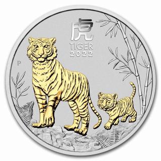 Perth Mint Stříbrná mince Lunární série 3 Rok Tygra 1 oz 2022 zlacená