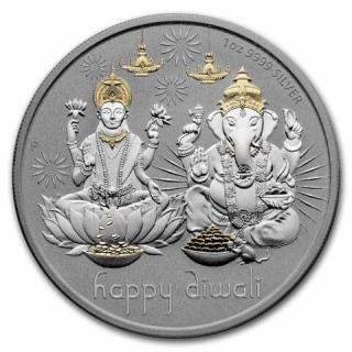 Stříbrná medaile 1 oz Diwali Festival Laksmi 2021 Pozlacená