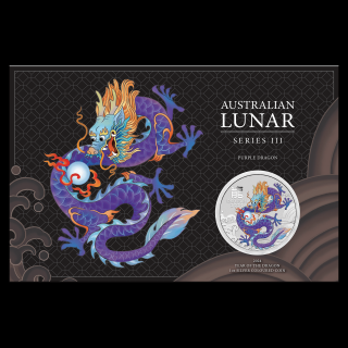 Stříbrná mince 1 oz  Purple dragon Lunární série III 2024 Kolorovaná v kartě