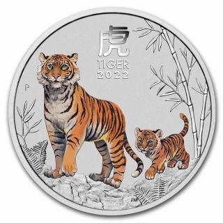 Stříbrná mince Lunární série 3 Rok Tygra 1 oz 2022 Kolorovaná
