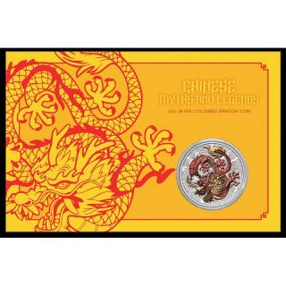 Stříbrná mince v kartě Red Dragon série Mýty a legendy kolorovaná 1 oz 2021