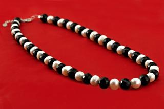 Náhrdelník z broušeného turmalínu skorylu QA a perel, stříbro Ag 925/1000, kuličky cca 8  A 8,5 mm (TUP6655B)