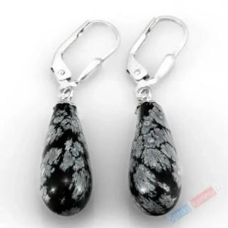 Náušnice ze sněžného obsidiánu QA, stříbro Ag 925/1000, oblé kapky cca 21 x 8 mm (OB4537U)