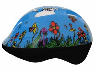 Dětská cyklistická helma Fly modrá s kytičkami - Velikost: M