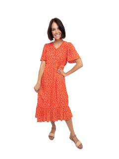 Vero Moda dámské midi šaty s potiskem Tirza oranžovo-červené Velikost: XL