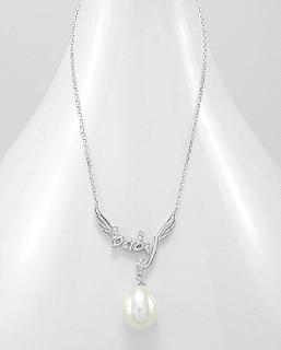 Náhrdelník s perlou a křídla anděla 4,2gr (Materiál stříbro Ag 925/1000)