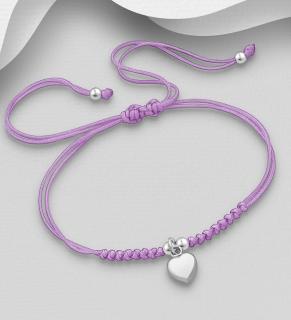 Náramek se srdíčkem - purple (Materiál stříbro Ag 925/1000 - TOP šperky)