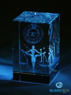 3D VÁHY ve skleněném kvádru 50 x 50 x 80 mm (Laserované 3D znamení horoskopu ve skleněném hranolu 50 x 50 x 80 mm)