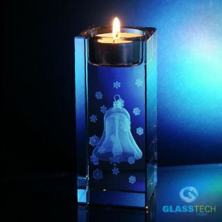 3D zvonek s vločkami ve skleněném svícnu 50 x 50 x 120 mm (Laserovaný 3D zvonek s vločkami ve skleněném hranolu 50 x 50 x 120 mm)