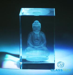 Laserovaný 3D BUDHA ve skl. kvádru (3D Budha ve skleněném hranolu 50 x 50 x 80 mm)
