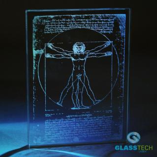 Vitruvian laserovaný ve skleněné desce (Da Vinciho Vitruvian laserovaný ve skleněné desce 100 x 75 x 10 mm)