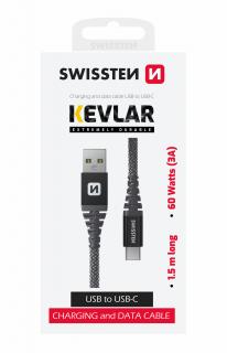 SWISSTEN Datový kabel KEVLAR USB / USB-C 1,5 m, antracit