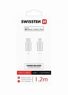 SWISSTEN datový kabel s textilním opletením USB-C/Lightning délka1,2 m, certifikace MFi Barva kabelu: Stříbrná
