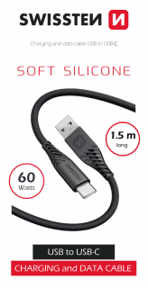 SWISSTEN Datový kabel SOFT SILICONE USB / USB-C 1,5 m, 60 W, černý