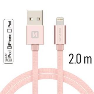 SWISSTEN datový kabel USB-A / Lightning, s textilním opletem, certifikace  MFi, délka 2,0 m Barva kabelu: Růžovo-zlatá