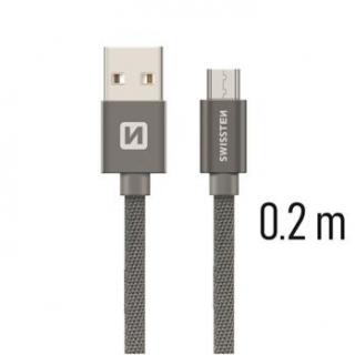 SWISSTEN datový kabel USB-A / micro USB, s textilním opletem, délka 0,2 m Barva kabelu: Šedivý