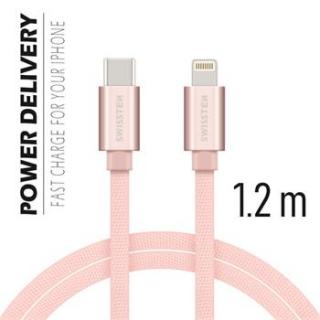 SWISSTEN datový kabel USB-C / Lightning, s textilním opletem, PD, délka 1,2 m Barva kabelu: Růžovo-zlatá