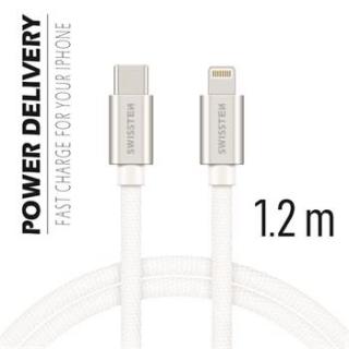 SWISSTEN datový kabel USB-C / Lightning, s textilním opletem, PD, délka 1,2 m Barva kabelu: Stříbrná