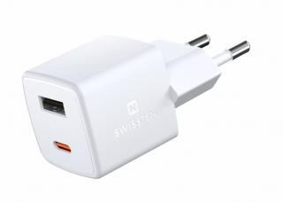 SWISSTEN Mini síťový adaptér GaN, PD & QC, USB-C + USB-A, 30 W
