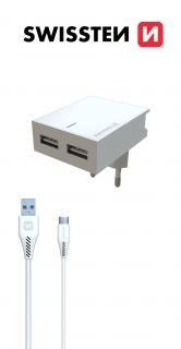 SWISSTEN SLIM cestovní síťová nabíječka 2xUSB, 3A + kabel USB/micro USB Barva: Bílá