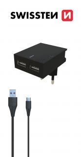 SWISSTEN SLIM cestovní síťová nabíječka, 3A, 2xUSB + kabel USB/USB-C Barva: Černá