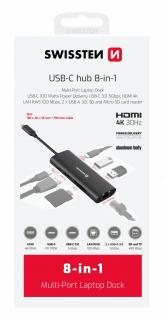 SWISSTEN USB-C hub 8-in-1 (USB-C 100W, HDMI 4K, LAN RJ45, 2x USB-A, 1x USB-C 5GBps, SD, MICRO SD), hliníkové provedení