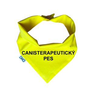 Žlutý šátek pro psa s nápisem Obvod: L - 42 cm, text: CZ/SK - canisterapeutický pes