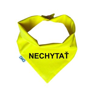 Žlutý šátek pro psa s nápisem Obvod: L - 42 cm, text: SK - nechytať